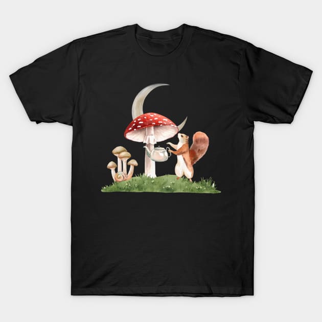 Cottagecore Surrealistic Squirrel Watering Mushroom T-Shirt by Souls.Print